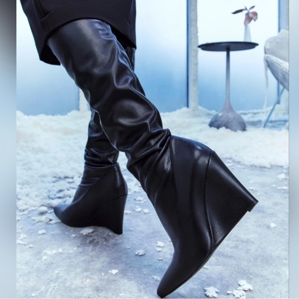 Vince Arlet Leather Overtheknee Wedge Boots Black Over-The-Knee Boots